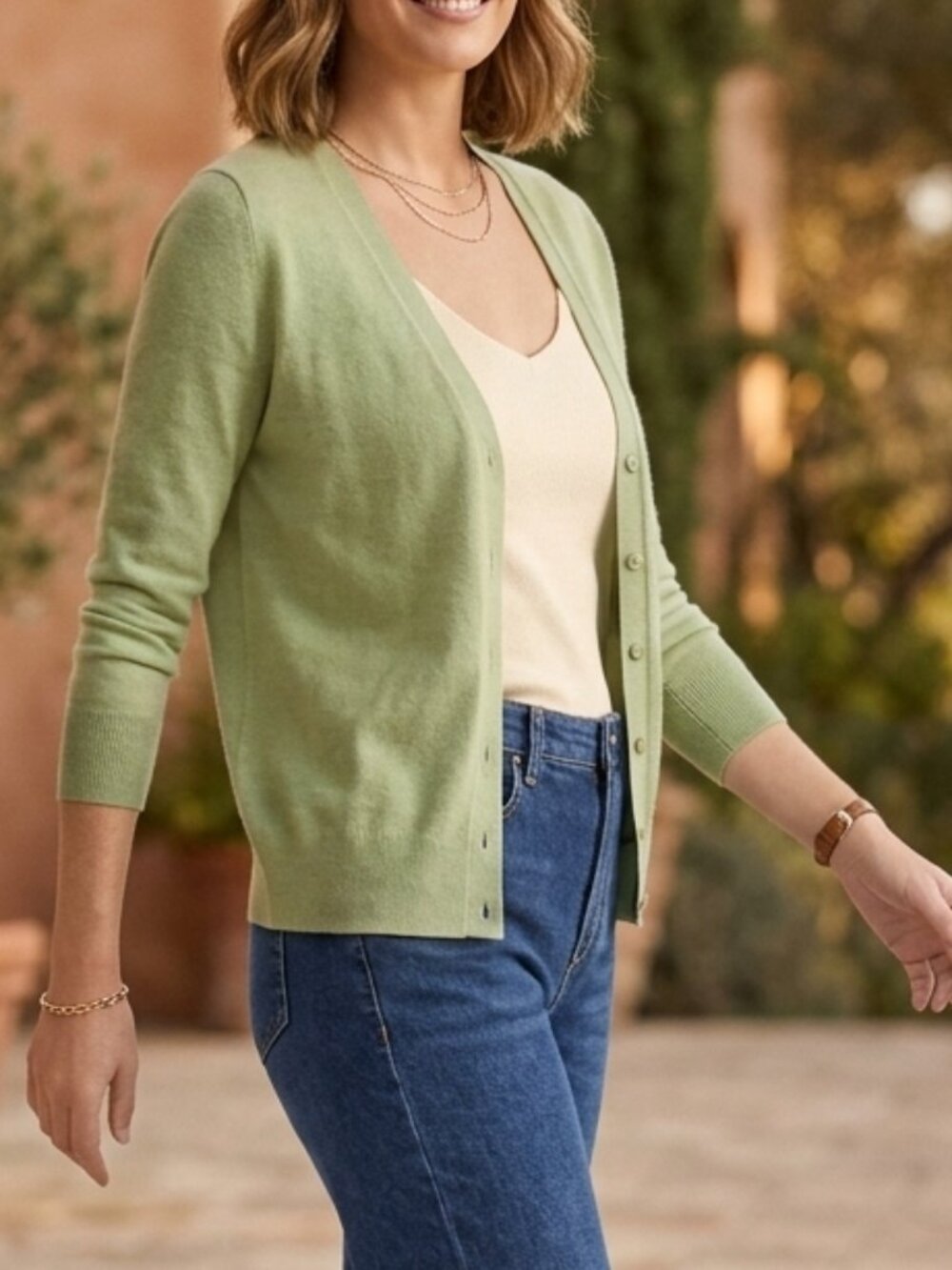 August Silk Sage Green Fine Knit Lightweight V-Neck Cardigan Size M